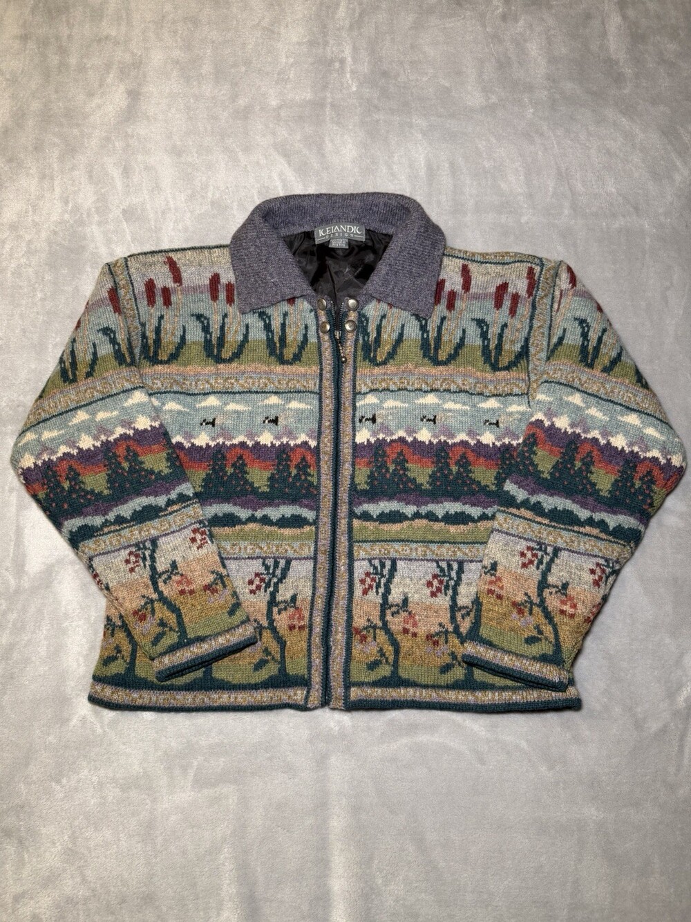 Vintage Icelandic Design Wool Sweater Full Zip Womens Large Nature Outdoor Lined